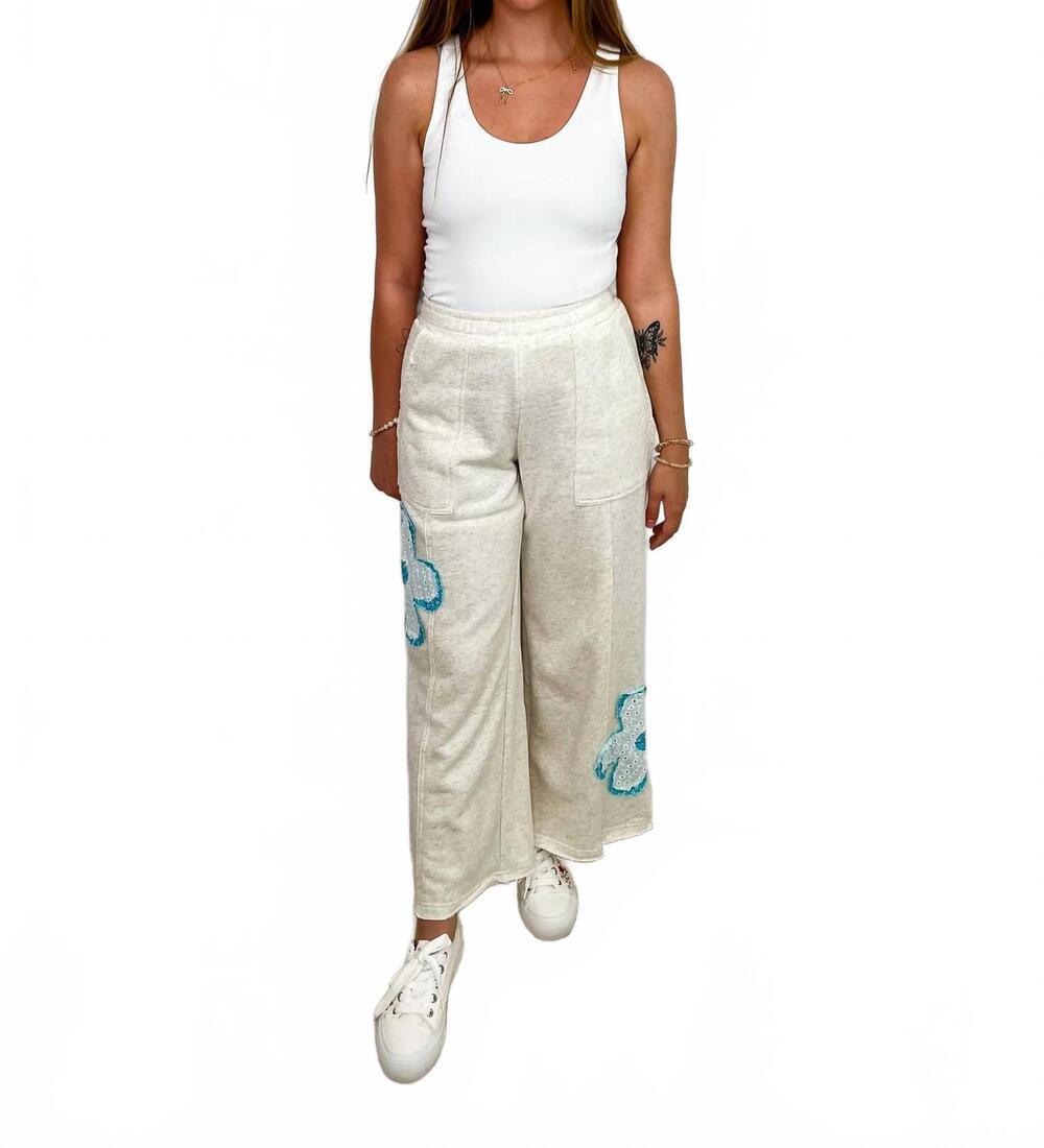 NEW DAVI & DANI modern bloom high-rise cotton blend wide leg pants in grey